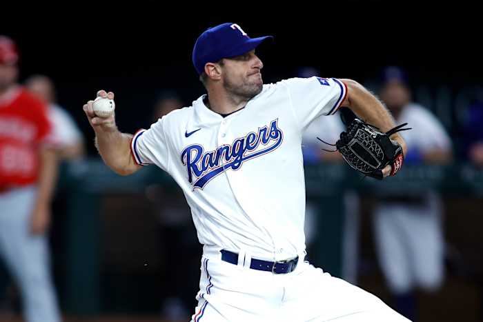 Aug 14, 2023; Arlington, Texas, USA; Texas Rangers starting pitcher Max Scherzer (31) throws a pitch in the first inning against the Los Angeles Angels at Globe Life Field. Mandatory Credit: Tim Heitman-USA TODAY Sports